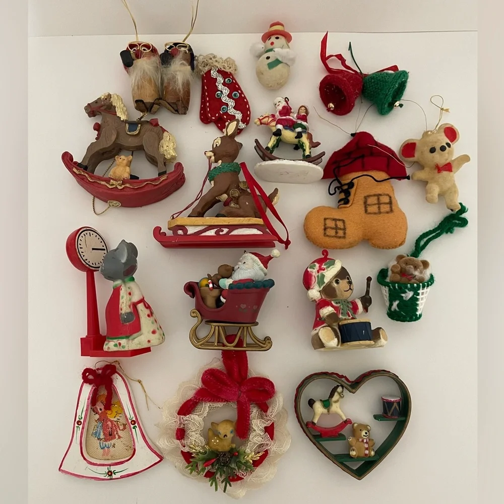 Vintage 1970s/1980s Wood and Felt Christmas Ornament Lot Kid Theme